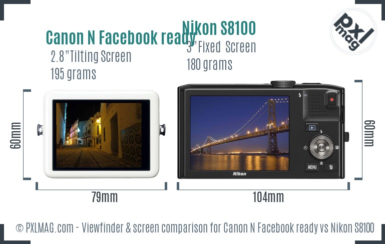 Canon N Facebook ready vs Nikon S8100 Screen and Viewfinder comparison