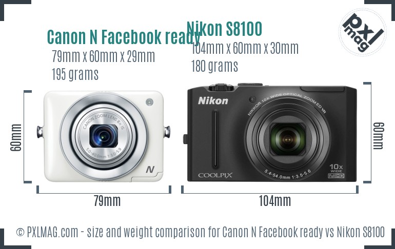 Canon N Facebook ready vs Nikon S8100 size comparison