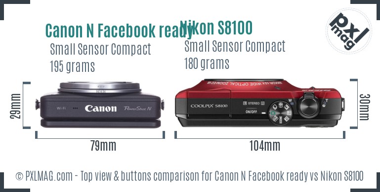 Canon N Facebook ready vs Nikon S8100 top view buttons comparison