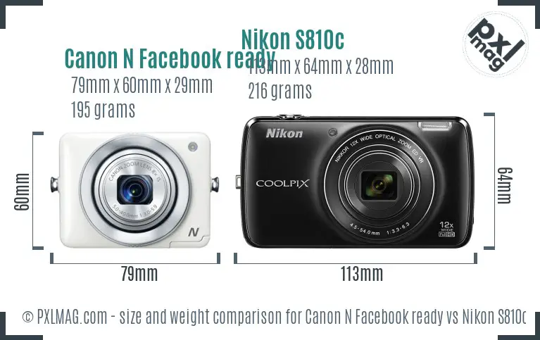 Canon N Facebook ready vs Nikon S810c size comparison