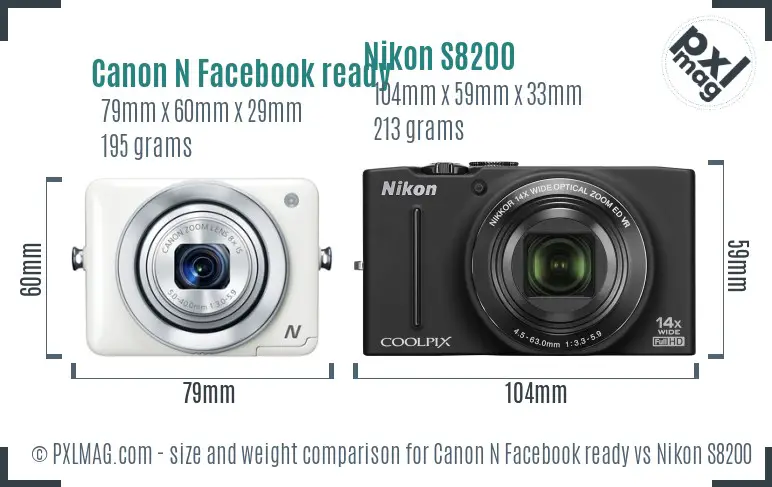 Canon N Facebook ready vs Nikon S8200 size comparison