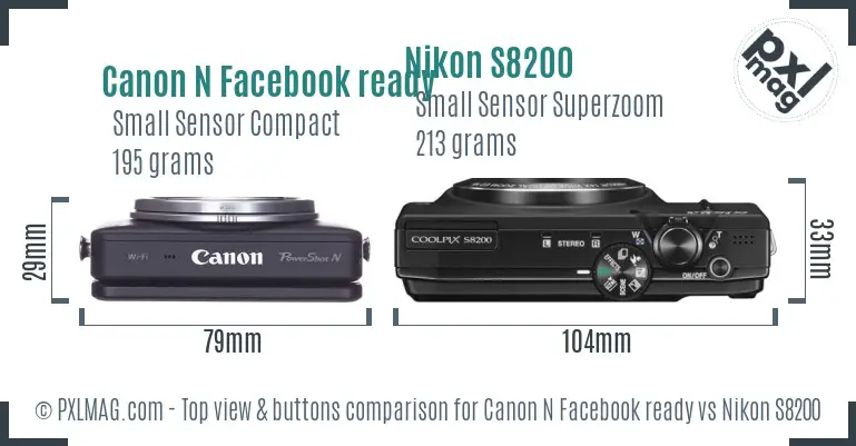 Canon N Facebook ready vs Nikon S8200 top view buttons comparison