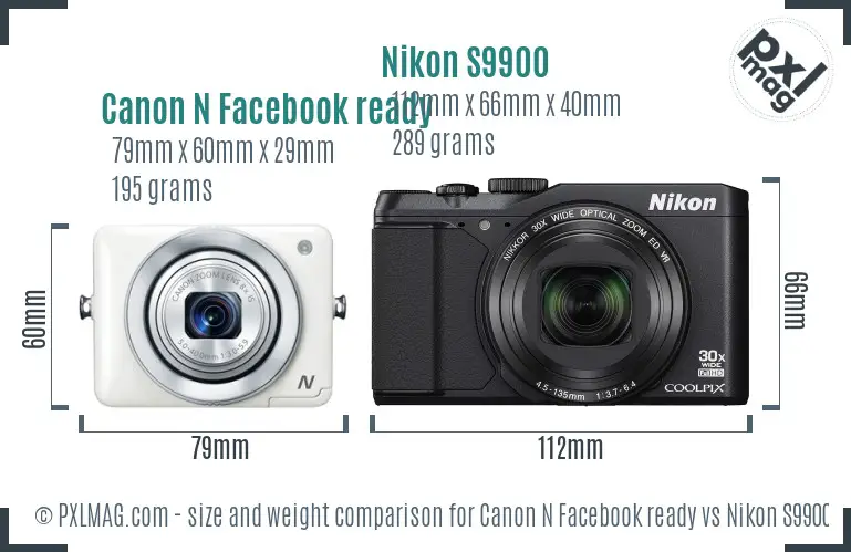 Canon N Facebook ready vs Nikon S9900 size comparison