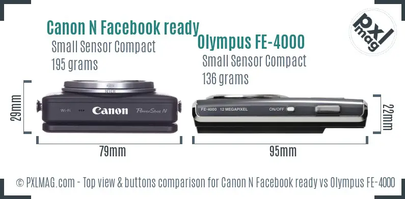 Canon N Facebook ready vs Olympus FE-4000 top view buttons comparison