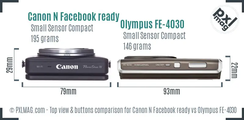 Canon N Facebook ready vs Olympus FE-4030 top view buttons comparison