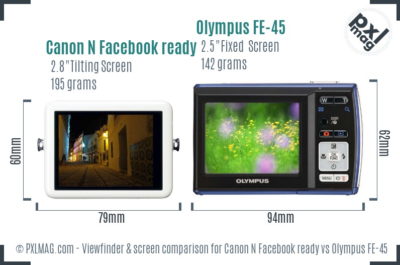 Canon N Facebook ready vs Olympus FE-45 Screen and Viewfinder comparison