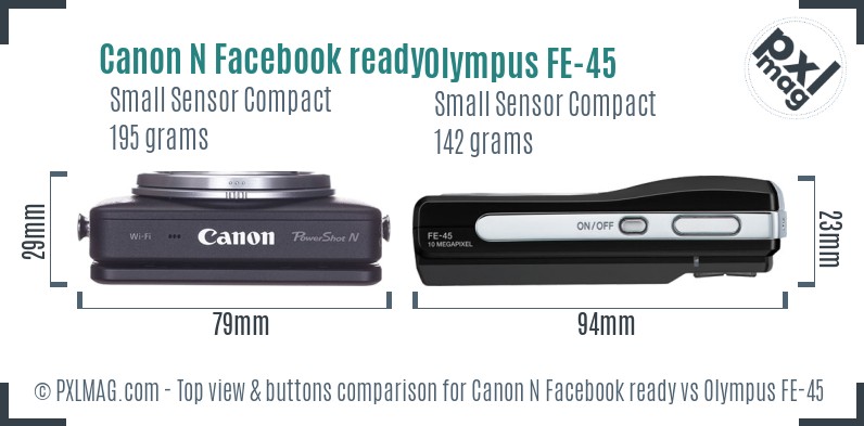 Canon N Facebook ready vs Olympus FE-45 top view buttons comparison