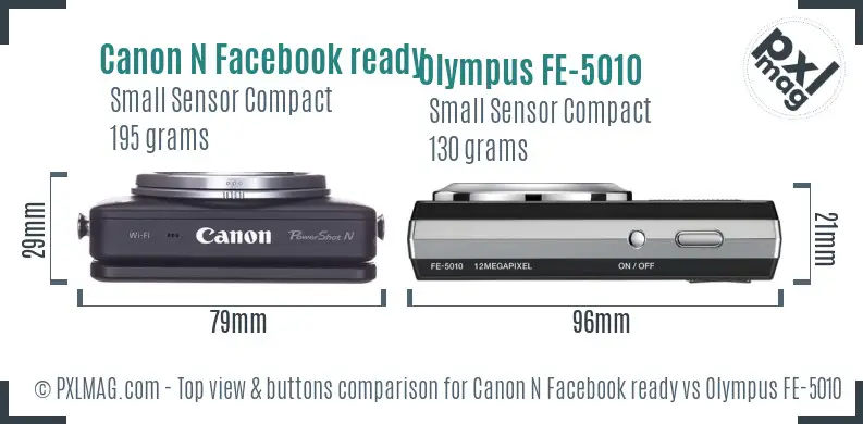 Canon N Facebook ready vs Olympus FE-5010 top view buttons comparison