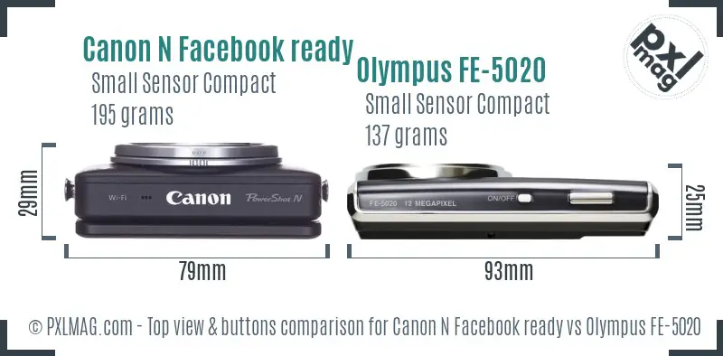 Canon N Facebook ready vs Olympus FE-5020 top view buttons comparison