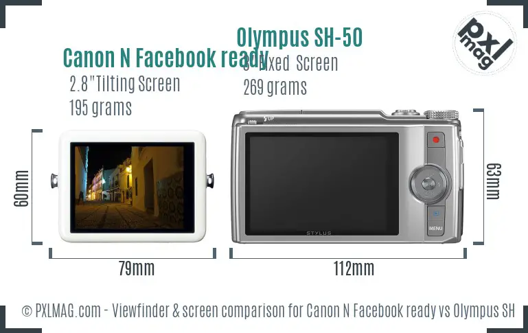 Canon N Facebook ready vs Olympus SH-50 Screen and Viewfinder comparison