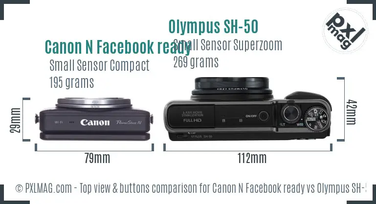 Canon N Facebook ready vs Olympus SH-50 top view buttons comparison