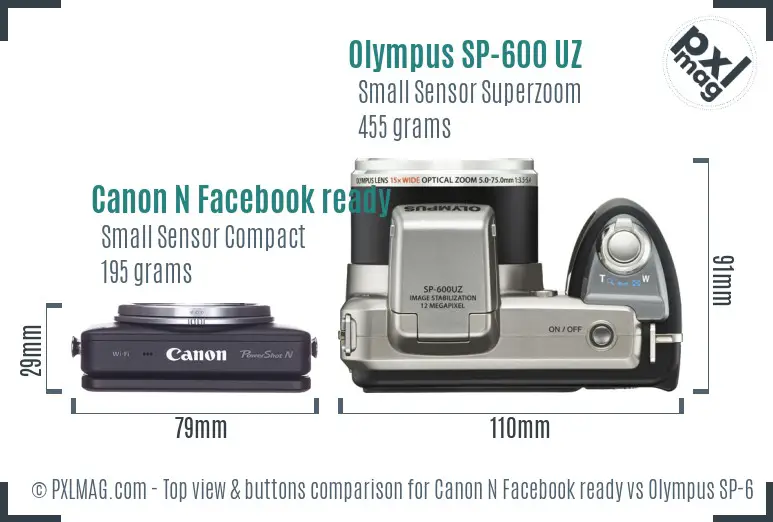 Canon N Facebook ready vs Olympus SP-600 UZ top view buttons comparison Canon N Facebook ready vs Olympus SP-600 UZ top view buttons comparison