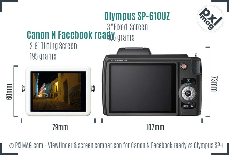 Canon N Facebook ready vs Olympus SP-610UZ Screen and Viewfinder comparison