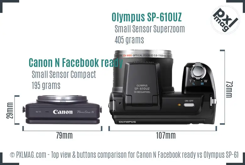 Canon N Facebook ready vs Olympus SP-610UZ top view buttons comparison