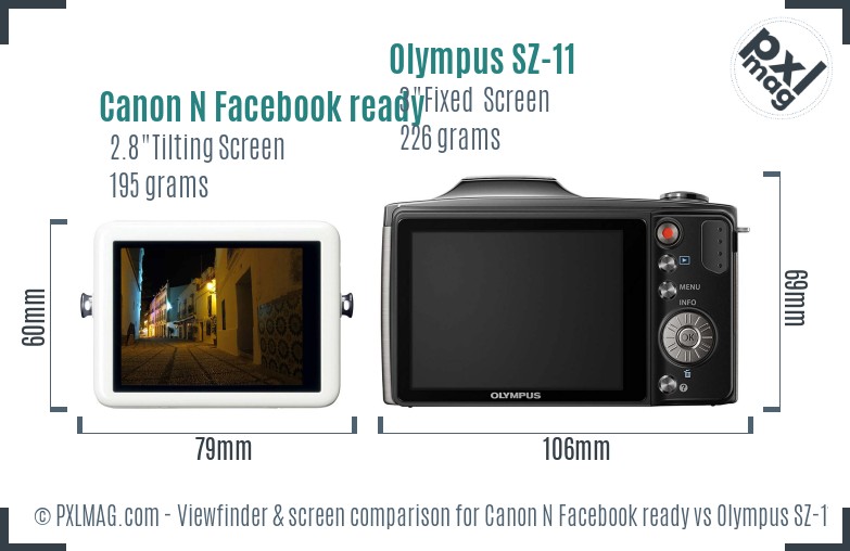 Canon N Facebook ready vs Olympus SZ-11 Screen and Viewfinder comparison