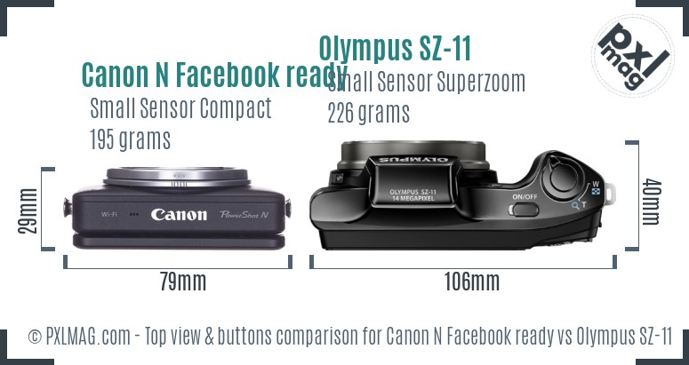 Canon N Facebook ready vs Olympus SZ-11 top view buttons comparison