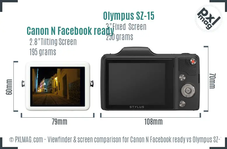 Canon N Facebook ready vs Olympus SZ-15 Screen and Viewfinder comparison