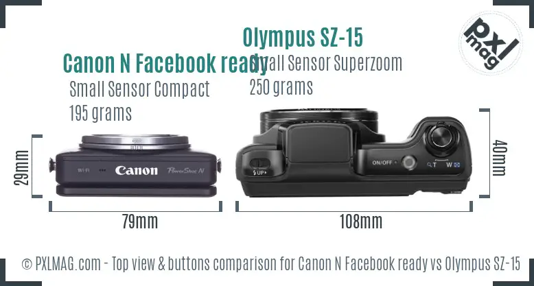 Canon N Facebook ready vs Olympus SZ-15 top view buttons comparison