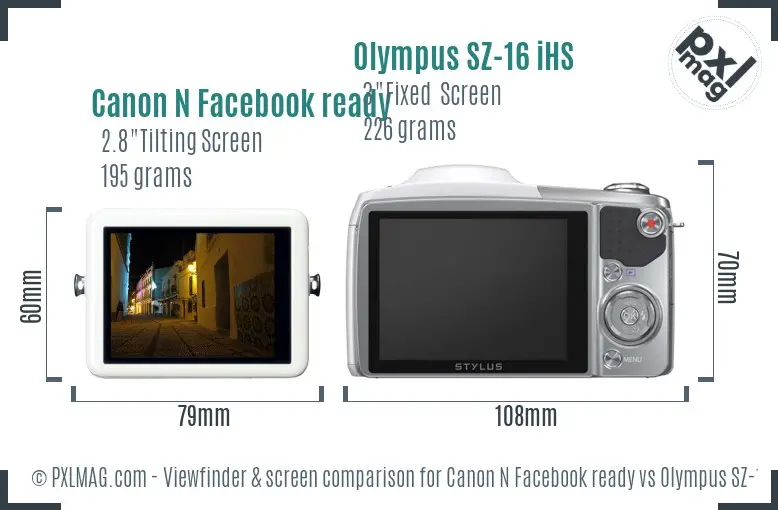 Canon N Facebook ready vs Olympus SZ-16 iHS Screen and Viewfinder comparison