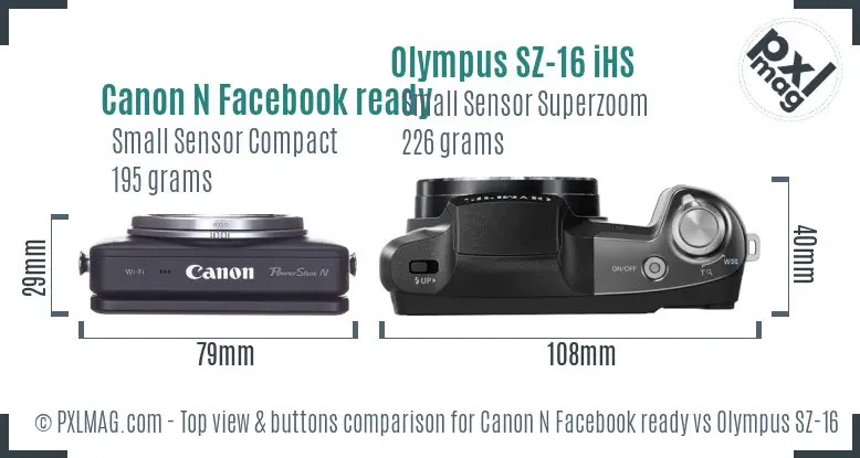 Canon N Facebook ready vs Olympus SZ-16 iHS top view buttons comparison