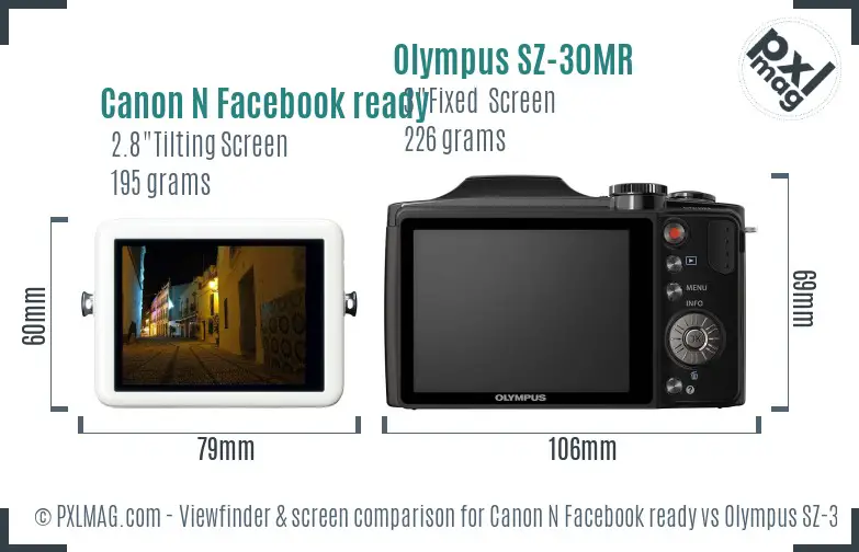 Canon N Facebook ready vs Olympus SZ-30MR Screen and Viewfinder comparison