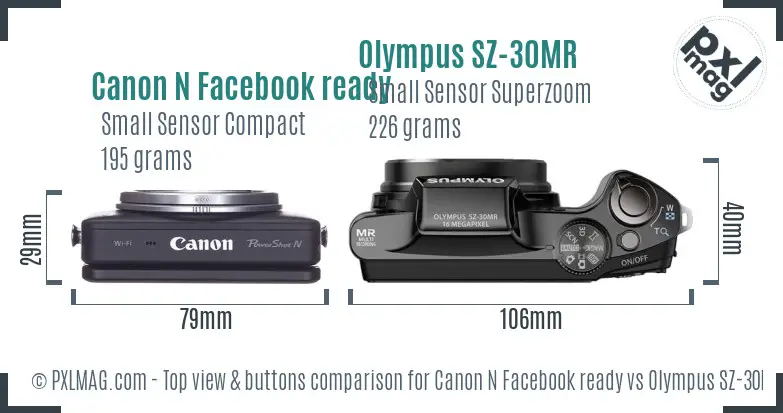 Canon N Facebook ready vs Olympus SZ-30MR top view buttons comparison