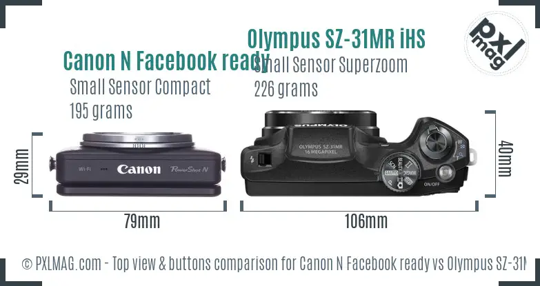 Canon N Facebook ready vs Olympus SZ-31MR iHS top view buttons comparison