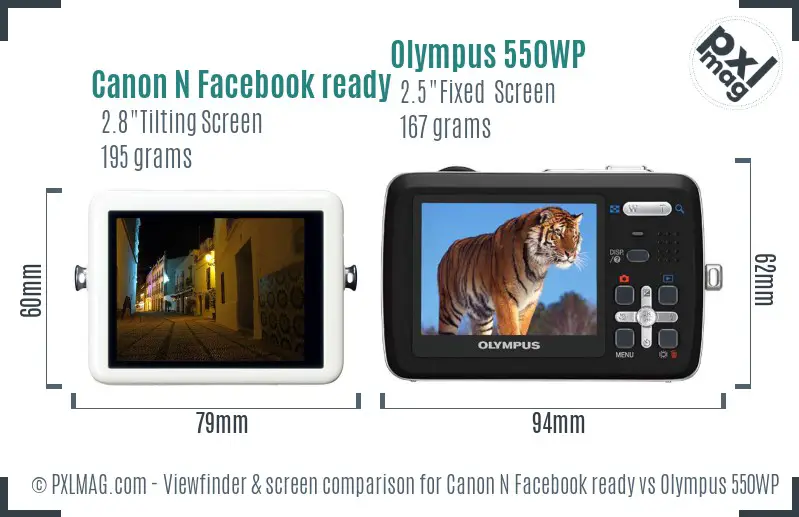 Canon N Facebook ready vs Olympus 550WP Screen and Viewfinder comparison