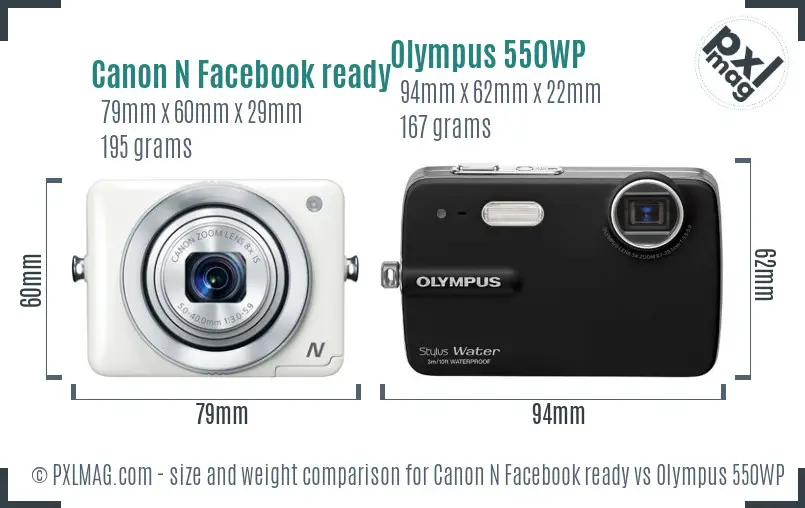 Canon N Facebook ready vs Olympus 550WP size comparison