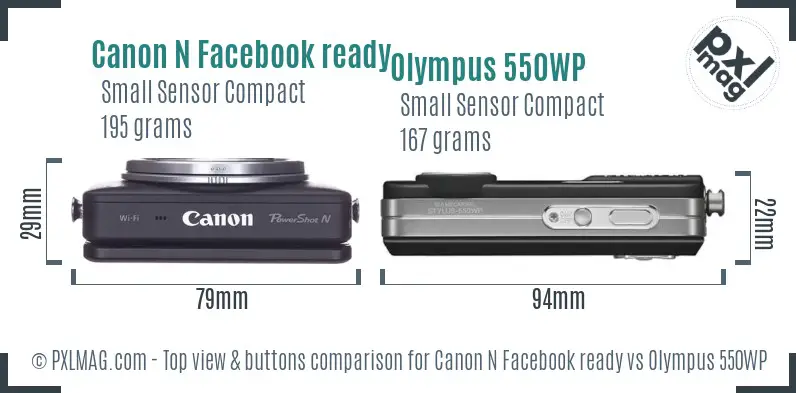 Canon N Facebook ready vs Olympus 550WP top view buttons comparison