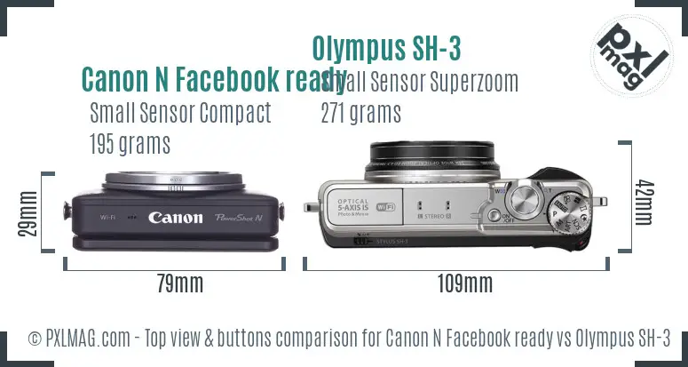 Canon N Facebook ready vs Olympus SH-3 top view buttons comparison