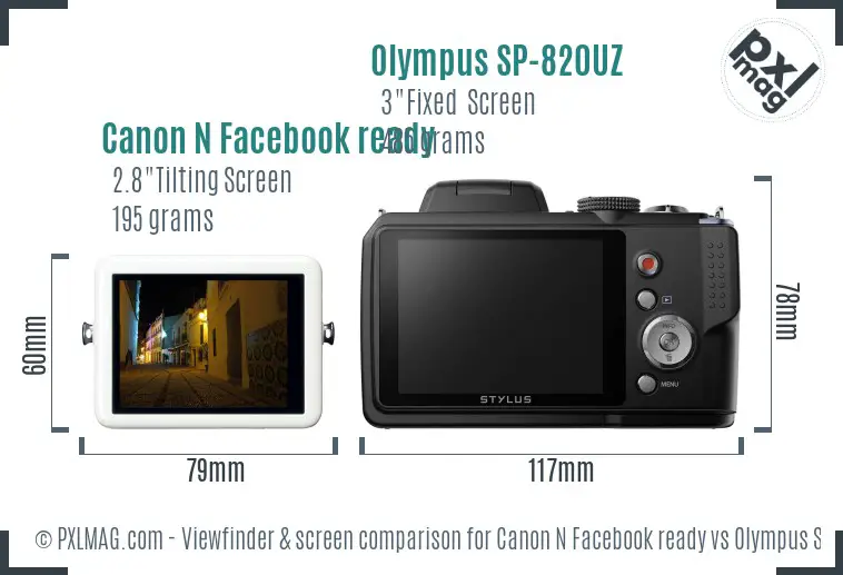 Canon N Facebook ready vs Olympus SP-820UZ Screen and Viewfinder comparison