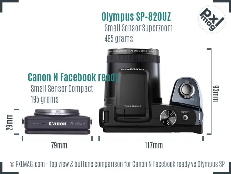 Canon N Facebook ready vs Olympus SP-820UZ top view buttons comparison