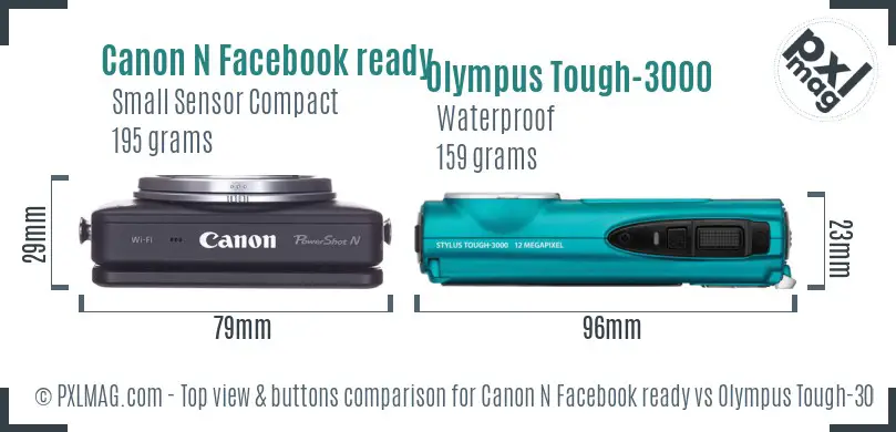 Canon N Facebook ready vs Olympus Tough-3000 top view buttons comparison