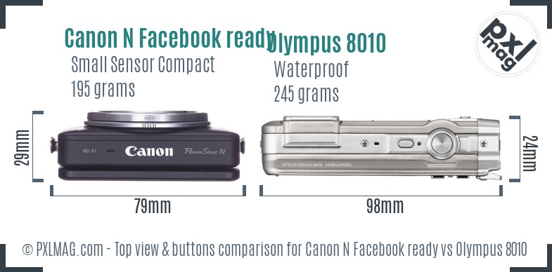 Canon N Facebook ready vs Olympus 8010 top view buttons comparison