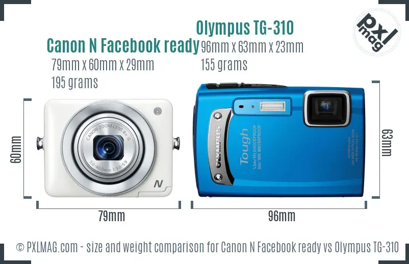 Canon N Facebook ready vs Olympus TG-310 size comparison