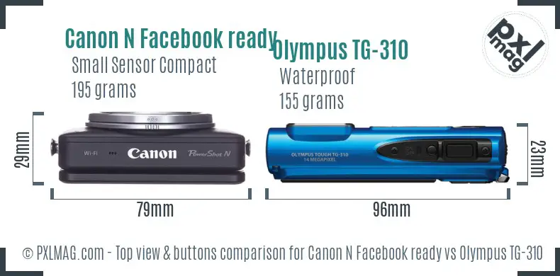 Canon N Facebook ready vs Olympus TG-310 top view buttons comparison