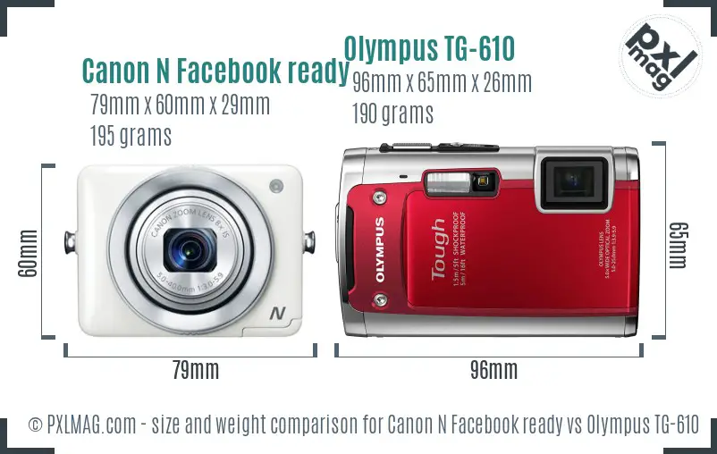 Canon N Facebook ready vs Olympus TG-610 size comparison