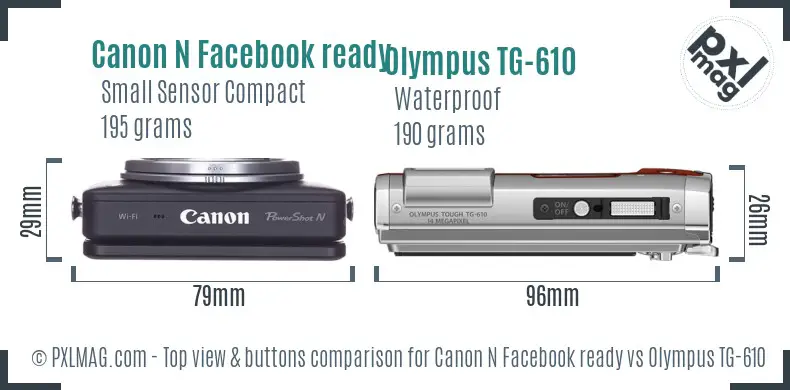 Canon N Facebook ready vs Olympus TG-610 top view buttons comparison