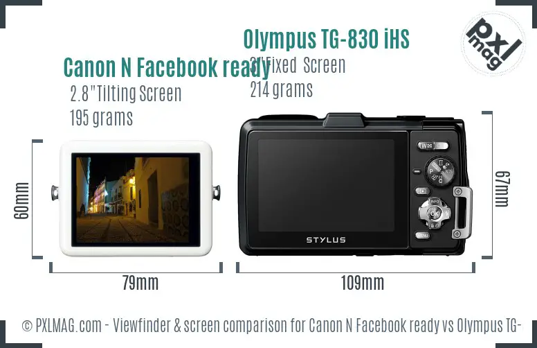 Canon N Facebook ready vs Olympus TG-830 iHS Screen and Viewfinder comparison