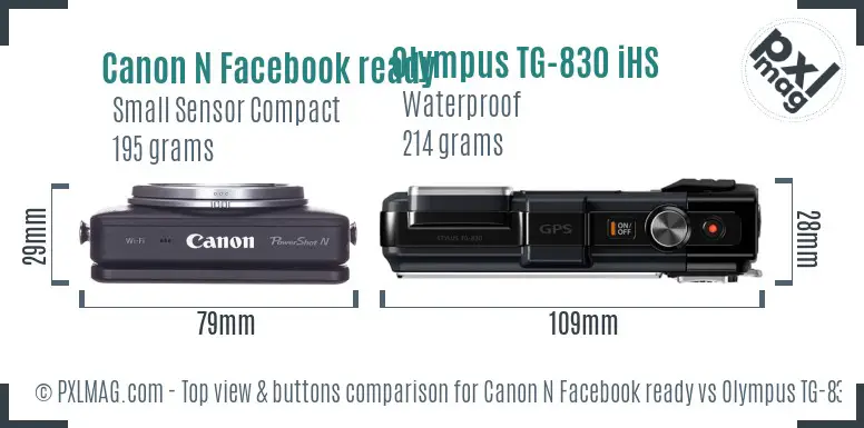 Canon N Facebook ready vs Olympus TG-830 iHS top view buttons comparison