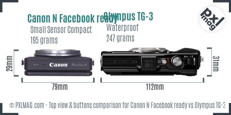 Canon N Facebook ready vs Olympus TG-3 top view buttons comparison