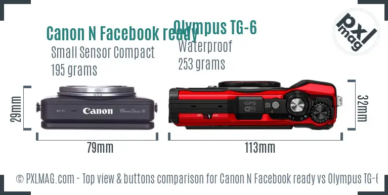 Canon N Facebook ready vs Olympus TG-6 top view buttons comparison Canon N Facebook ready vs Olympus TG-6 top view buttons comparison