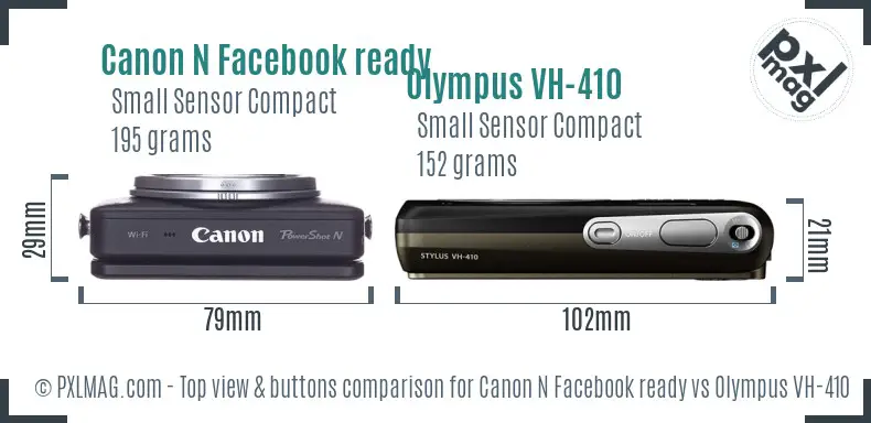 Canon N Facebook ready vs Olympus VH-410 top view buttons comparison