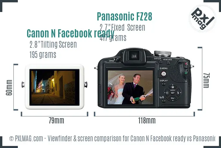 Canon N Facebook ready vs Panasonic FZ28 Screen and Viewfinder comparison