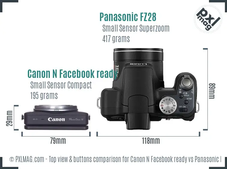 Canon N Facebook ready vs Panasonic FZ28 top view buttons comparison