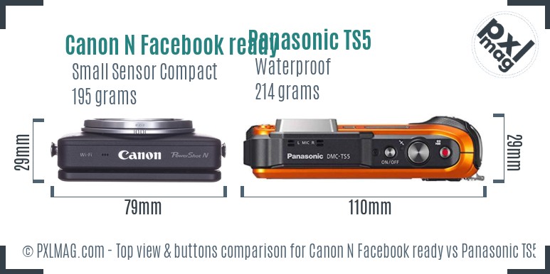 Canon N Facebook ready vs Panasonic TS5 top view buttons comparison