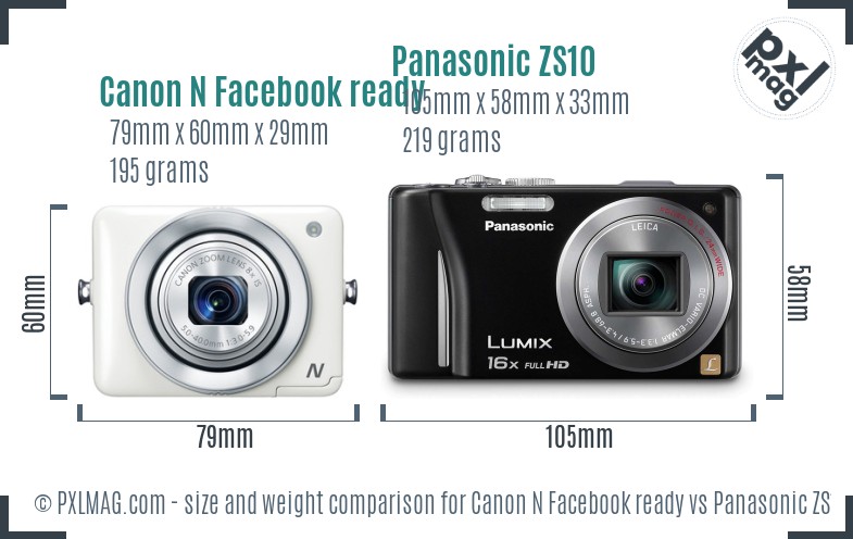 Canon N Facebook ready vs Panasonic ZS10 size comparison