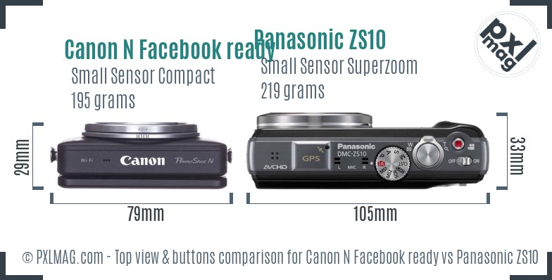 Canon N Facebook ready vs Panasonic ZS10 top view buttons comparison