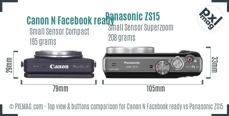 Canon N Facebook ready vs Panasonic ZS15 top view buttons comparison Canon N Facebook ready vs Panasonic ZS15 top view buttons comparison